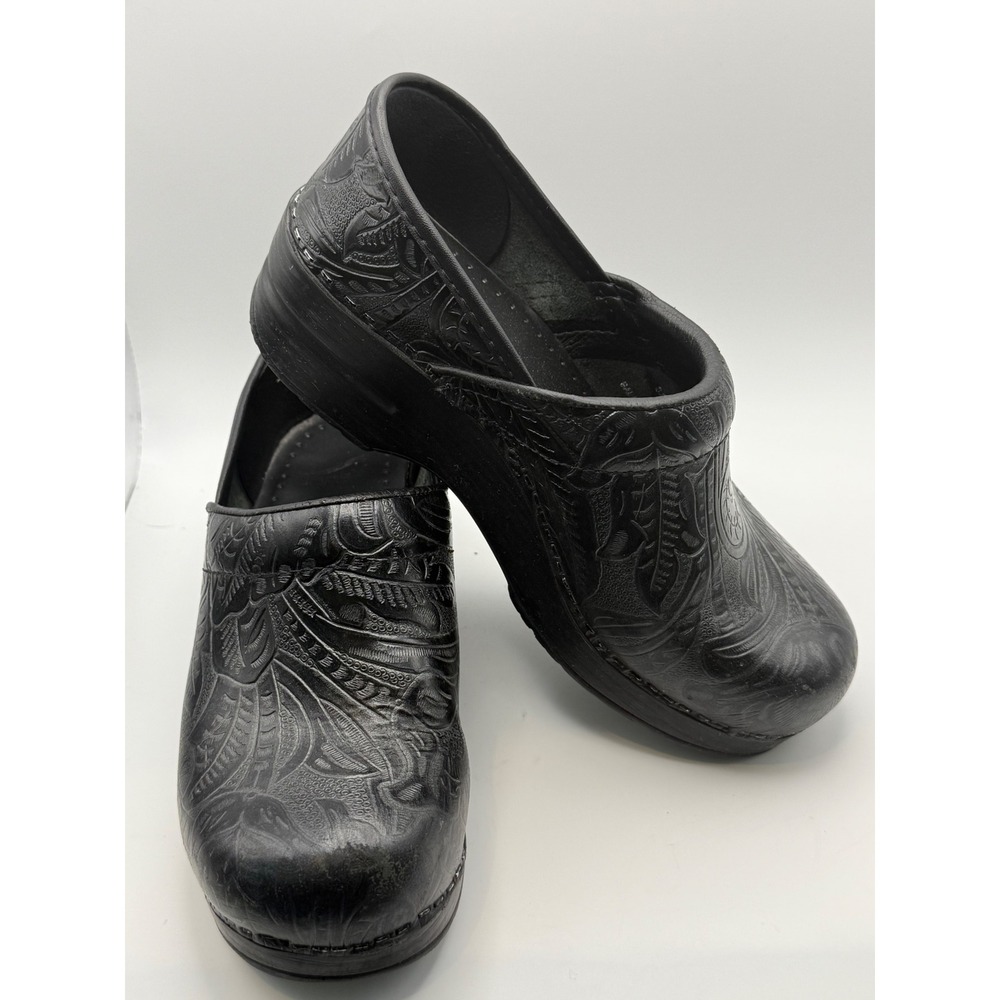 Dansko Professional Black Tooled Floral Leather Clogs EU 37 US 6.5-7 Work Shoes